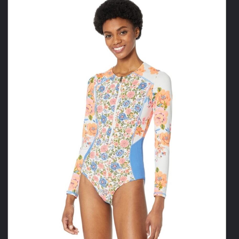 Maaji Floral Long-Sleeve One-Piece Swimsuit in Peach, Blue & White